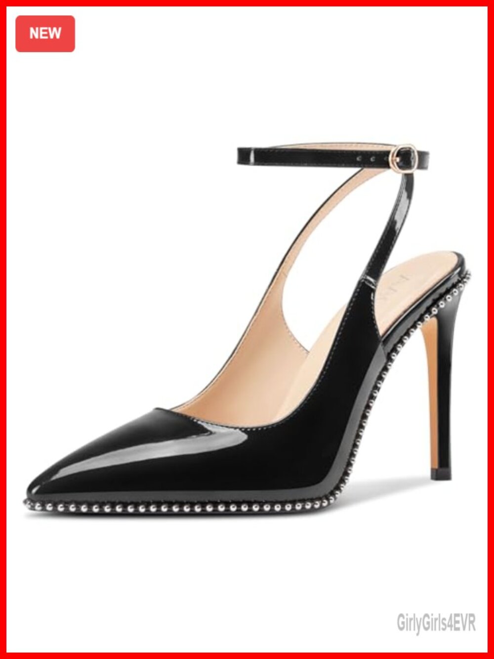 Aachcol Ankle Strap Pointed Toe Beaded Slingback Stiletto High Heels Patent